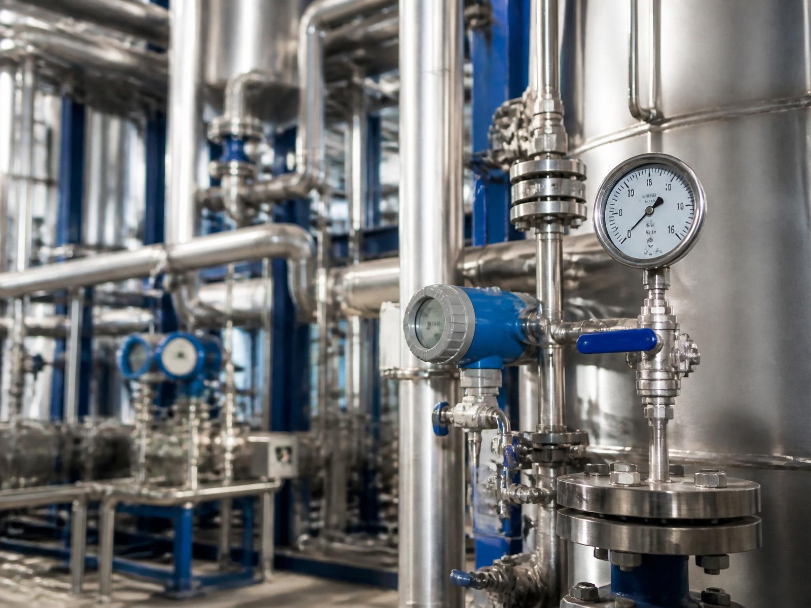 Industrial process automation facility with pressure gauges and stainless steel pipes
